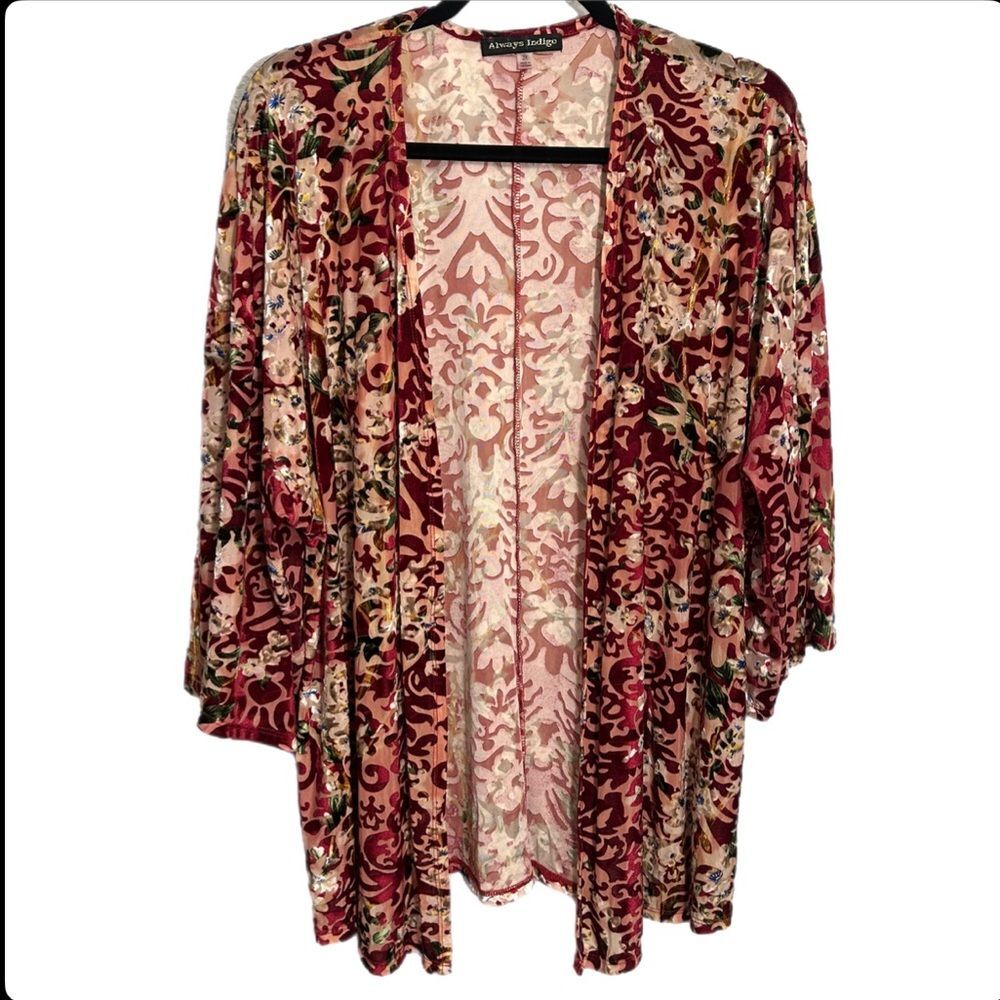 Always Indigo 2X Maroon Foral Kimono Old Couch Grandmacore Velvet Accents